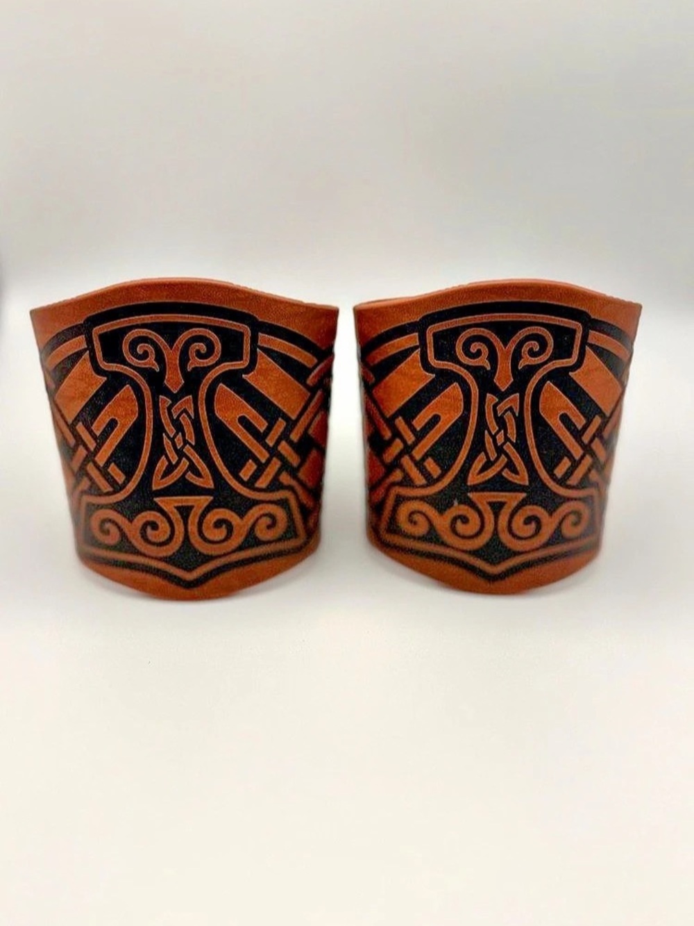 Viking Thor Hammer Brown Faux Leather Wrist Cuffs Bracers Celtic Norse Pair